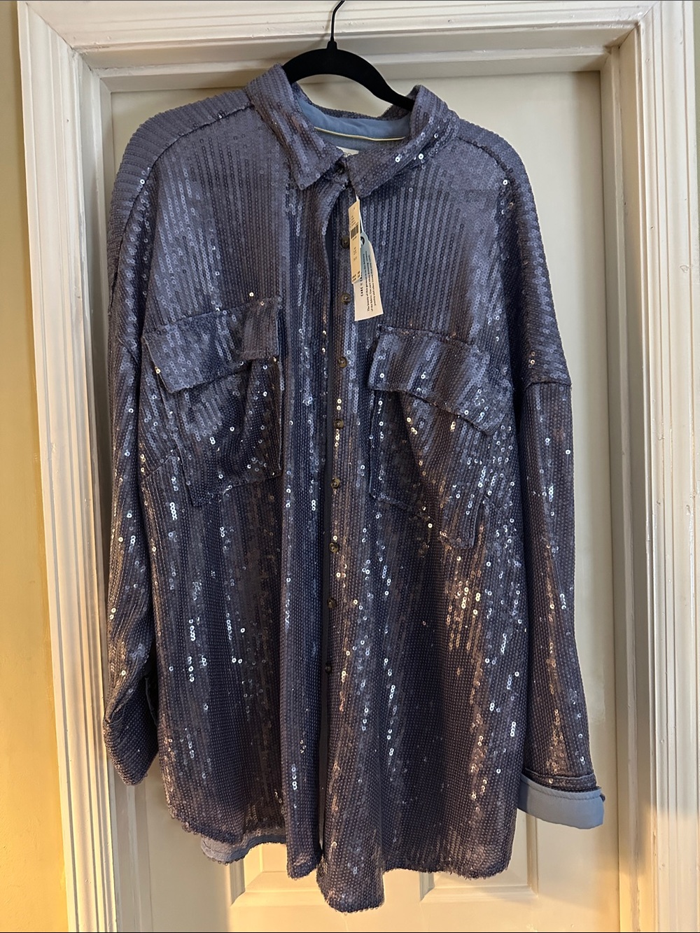 Sequin Button-Front Shirt / Jacket in Steel Blue